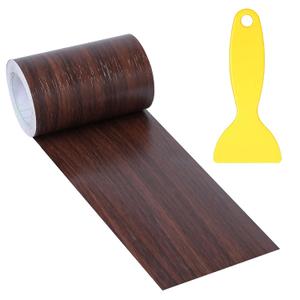 4" X33' Size Realistic Wood Grain Repair Tape, Self Adhesive Wood Grain Repair Patch for Tables, Chairs, Doors, Windows, Floors, Furniture Renovation, Handicraft DIY. With Plastic Scraper. Dark Brown