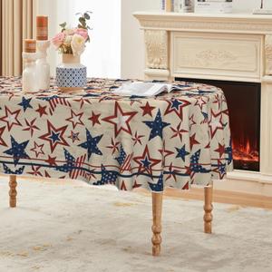Horaldaily 4th of July Rectangular Tablecloth 60×84 Inch Oval, Patriotic Memorial Day Blue Red Star Independence Day Washable Table Cover for Party Picnic Dinner Decor