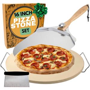 Round Pizza Stone for Oven 16 inch - Large Pizza Stone for Grill with Handles, Metal Pizza Peel & Steel Dough Cutter Tool - Baking Stone for Bread - Oven Stones - Pizza Making Set