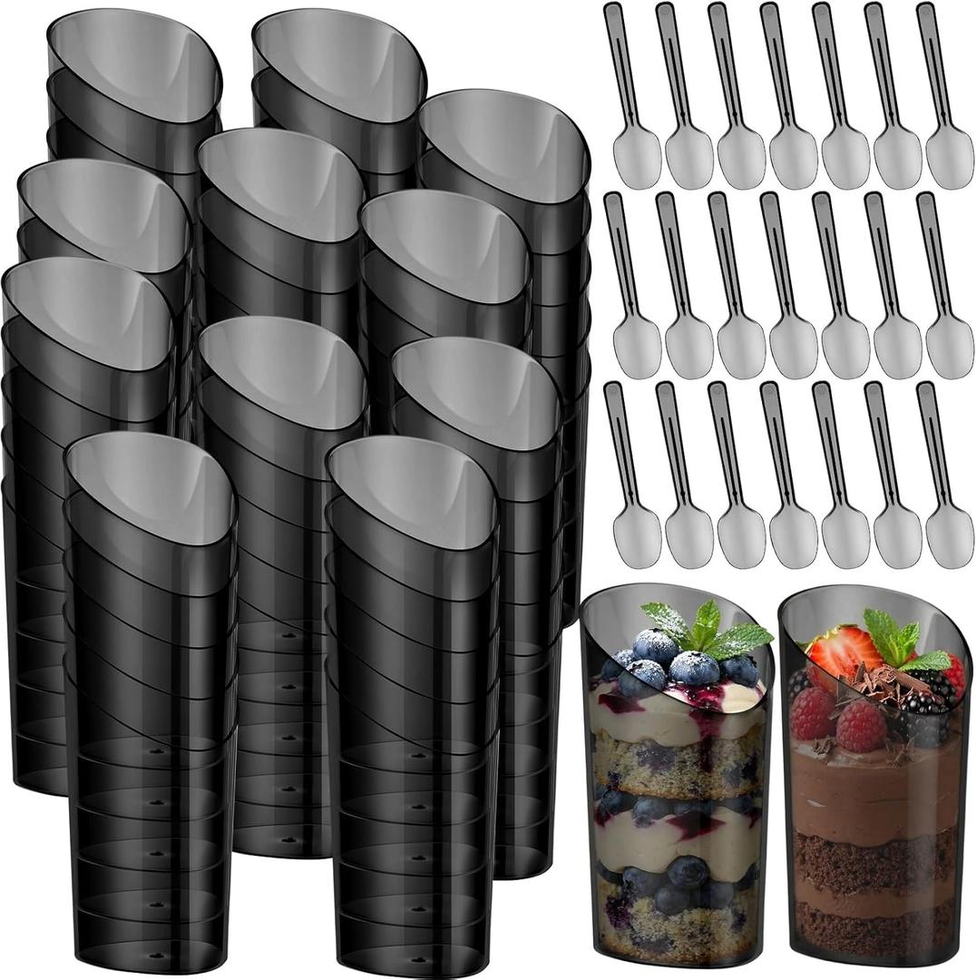 Funnymoom 50 Set 3 oz Mini Dessert Cups with Spoons Bulk Black Plastic Slanted Round Parfait Appetizer Cups Shooter for Desserts Yogurt Mousse Pudding Fruit Cake Wedding Party