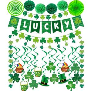 St Patricks Day Decorations Pre-Assembled Shamrock Lucky Banner Garlands Clover Hanging Swirls Irish Decor for Home Saint Patrick Party Supplies