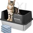 Stainless Steel Litter Box with Lid, 23.5" L x 15.8" W x 12.6" H, XL Metal Cat Box for Big Cats, High Sided Kitty Litter Box with Scoop & Pee Pads, Non-Sticky, Anti-Leakage, Easy to Clean (Black)
