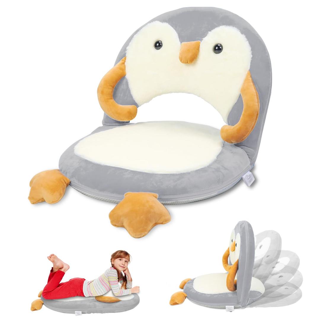 Floor Chair for Kids, Penguin Floor Seating with Back Support 5 Adjustable Position Ideal for Reading Gaming Meditating Yoga, Kids Chair for Daycare Preschool Classroom (Grey)