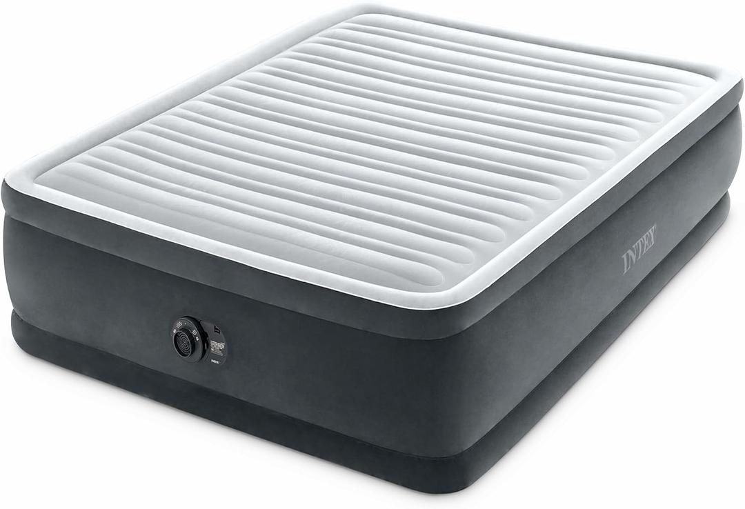 Intex Dura-Beam Deluxe Comfort-Plush Elevated: Fiber-Tech  Queen Size  Built-in Electric Pump  18in Bed Height  600lb Weight Capacity (Grey)