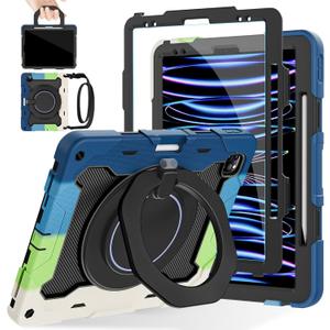 ROISKIN for iPad Pro 12.9 -Inch Case (6th, 5th, 4th & 3rd Gen)with HD Screen Protector, 360 Stand, Handle, Pencil Holder,Shoulder Strap[15ft Drop Protection]Rugged Bulky Full Body 12.9 iPad Pro Case (Ring Stand-Blue/Black)