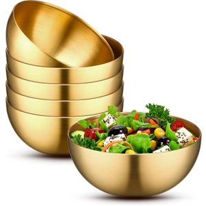 Nuogo 6 Pcs Gold Mixing Bowls Stainless Steel Mixing Bowl Decorative Gold Esthetician Bowls Metal Serving Bowl for Facial Cereal Rice Noddle Fruit Kitchen Party Cooking Baking Prepping(7.9 Inches)