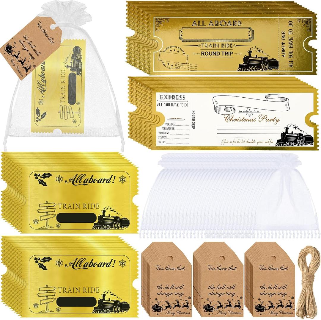 Gisafai 100 Sets Polar Stickers Golden Tickets Bulk Polar Christmas Decorations Believe Bell Santa Sleigh Bell Invitations Xmas Gifts Train Party Supplies Favors Stuffers Organza Bags Tags (White)