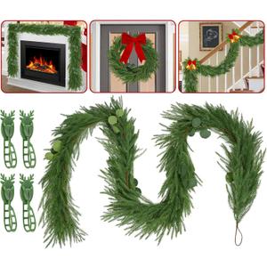 Christmas Garland Mixed with Eucalyptus,9FT Artificial Realistic Norfolk Pine Garland,Real Touch Cedar Pine Thick Greenery Faux Garland for Xmas Mantle,Stairs,Window,Fireplace(1, with 4 Ties)