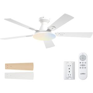 addlon Ceiling Fans with Lights, 52 inch Flush Mount Ceiling fan with Remote Control, Wall Remote, Reversible, 5CCT, Dimmable, Noiseless DC Motor, White Low Profile Ceiling Fan for Bedroom, Farmhouse