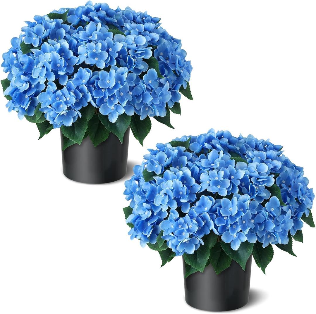 FOTEEWL Artificial Hydrangea Flower Topiary Trees - 2 Sets Faux Silk Flower Potted Plant, UV Resistant Fake Outdoor Hydrangea Bush for Front Door, Farmhouse,Garden, Porch Decor (Blue)