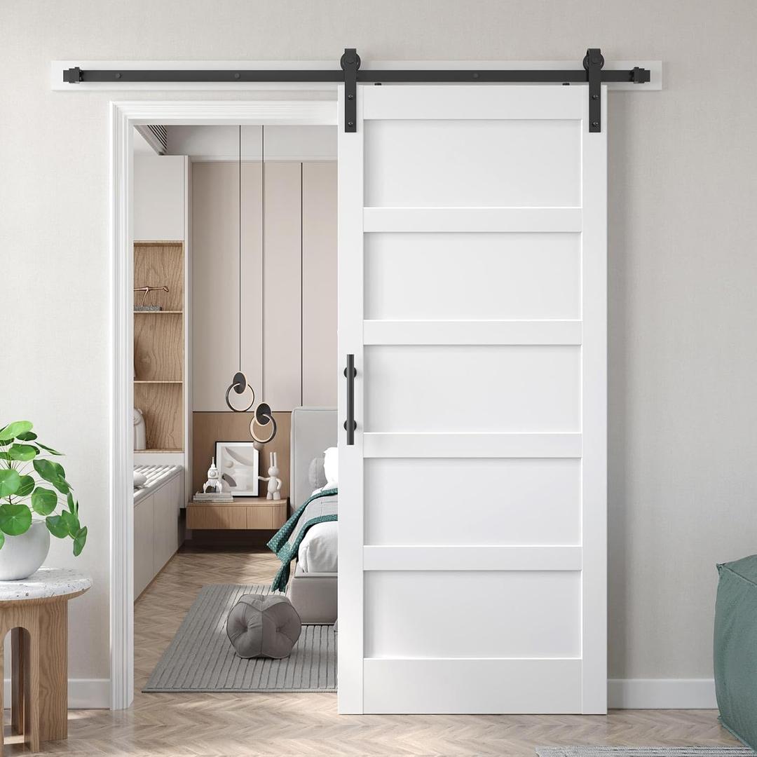 Fredbeck 34x84 inch White Barn Door with 6 FT Sliding Door Hardware Kit Included & Handle,MDF,Solid PVC Surface,DIY Assembly,5-Panel,Fit 31in-32in Opening