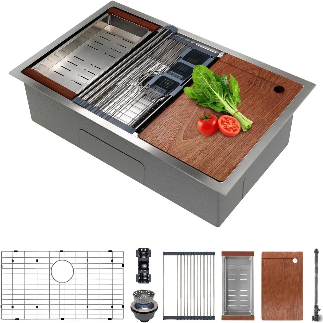 SANYCASA 30 Inch Undermount Kitchen Sink Superior Drain Kitchen Sinks 11 Gauge (3mm) Stainless Steel, Single Bowl Integrated Ledge Multifunctional Workstation Set