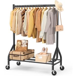 EAGMAK Heavy Duty Clothes Rack Load 420 LBS, Rolling Garment Rack with Lockable Wheels, Standing Metal Clothing Rack with Shelves, Portable Wardrobe Sturdy Coat Rack for Hanging Clothes (Black)
