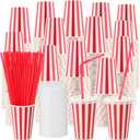 Fullhawl 150 Set Red Disposable Paper Cups with Lids and Straws for Christmas Circus Carnival Party 12 oz Disposable Drinking Paper Cups Holiday Birthday Supplies for Coffee Juice (Stripe)
