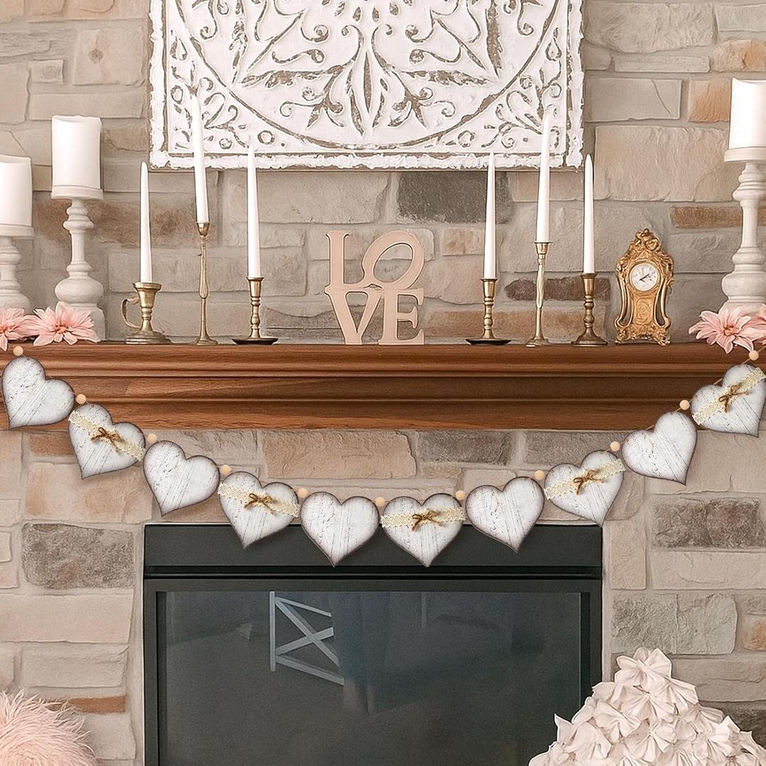 Cinnvoice 8.2 ft White Heart Valentines Garland Wooden Heart Banner with Lace Bow Rustic Vintage Valentine's Day Decor White Wall Hanging Garland for Anniversary Wedding Birthday Party Decorations
