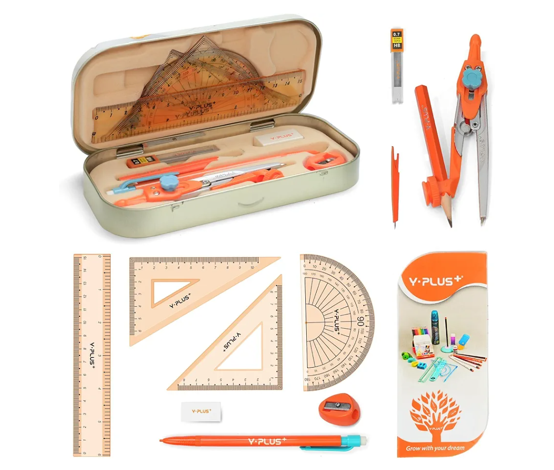 YPLUS Geometry Set for Students, Math Protractor Compass with Rulers Mechanical Pencil, Box of Protactors Kit for Class Supplies and School Kids Toddler - 12 Pcs, Back to School Supplies for Kids