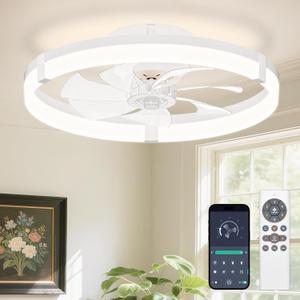 VOLISUN Low Profile Ceiling Fans with Lights and Remote, 19.7in Flush Mount Ceiling Fans with Light, 3000K-6500K Dimmable Fandelier Ceiling Fan, Bladeless Ceiling Fan for Bedroom(White)