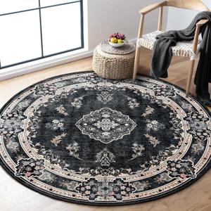 MUJOO Black Round Rug 4ft,Circle Washable Area Rugs for Bedroom Living Room Bathroom,Vintage Bohemian Distressed Farmhouse Non Slip Circular Carpet,Floral