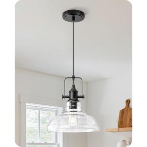 EDISHINE Farmhouse Pendant Lights Kitchen Island, Clear Seeded Glass Shade Hanging Light with Matte Black Finish, Modern Pendant Light Fixtures with Open Shade, Over Island Bar,E26 Base