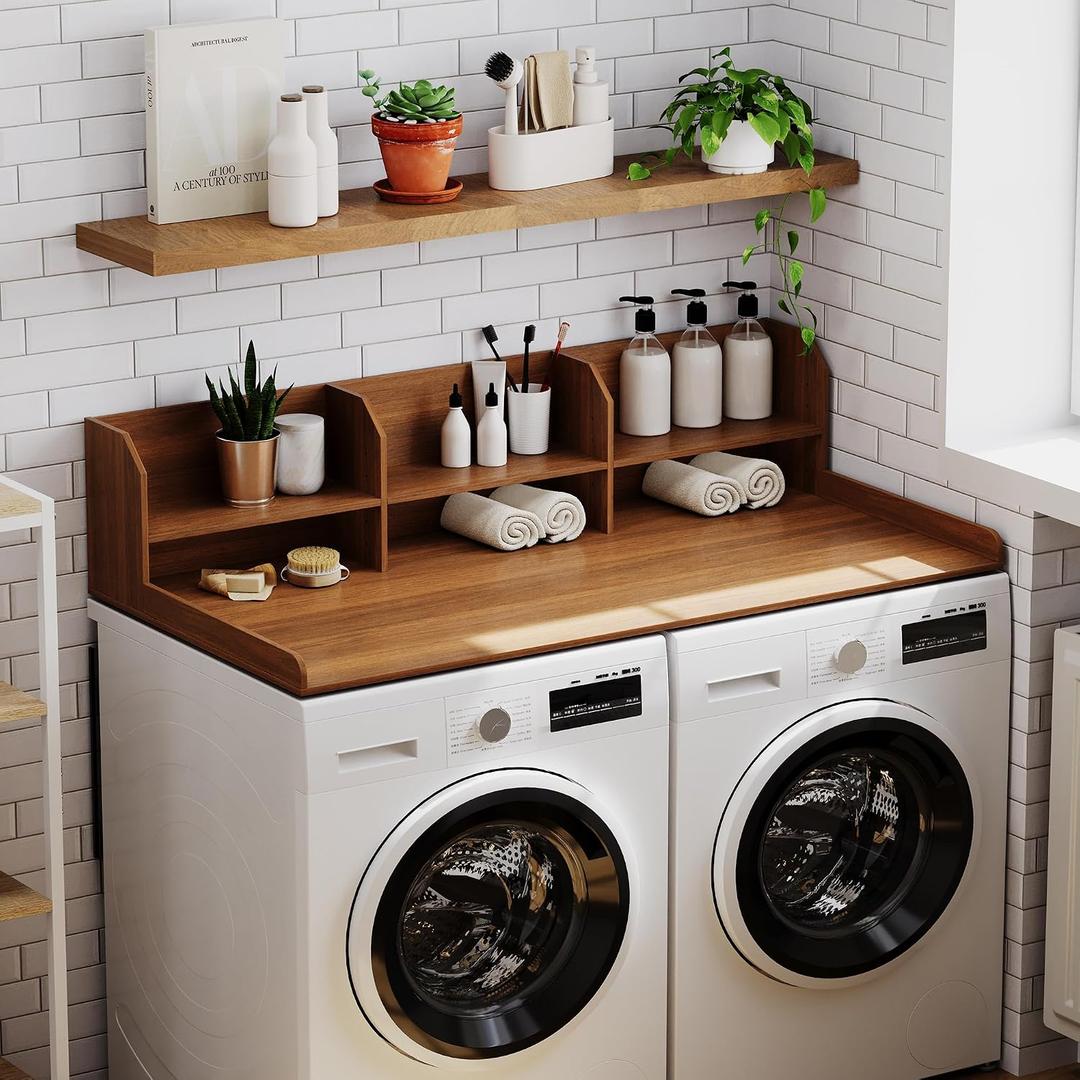 ChooChoo 2-Tier Washer Dryer Countertop with Adjustable Shelf, Spacious Laundry Room Storage for Folding Clothes and Efficient Organization, Walnut