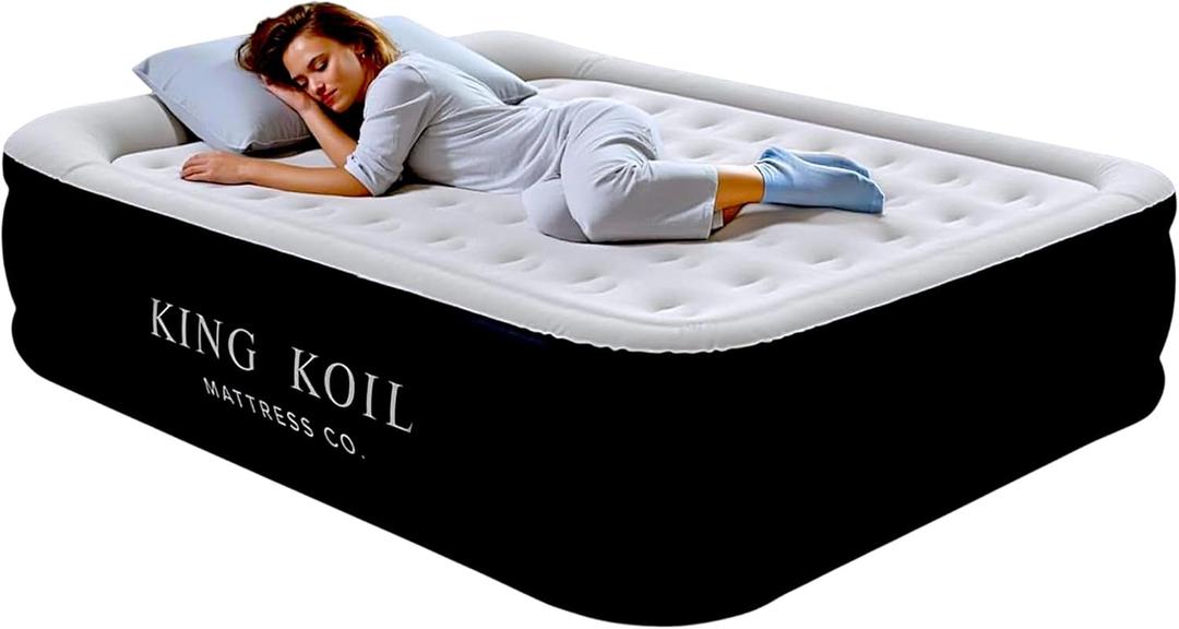 King Koil Pillow Top Plush Full Size Air Mattress with Built-in Pump for Home, Camping & Guests, 16" Inflatable Airbed Luxury Double High Adjustable Blow Up Bed, Waterproof, (Black)