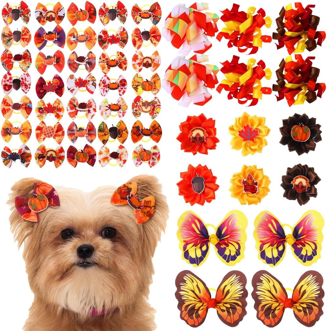 52 Pcs Fall Thanksgiving Dog Hair Bows Bulk with Rubber Bands Autumn Dog Grooming Bows Holiday Fall Thanksgiving Day Party Cute Pet Puppy Cats Top Knot Hair Accessories