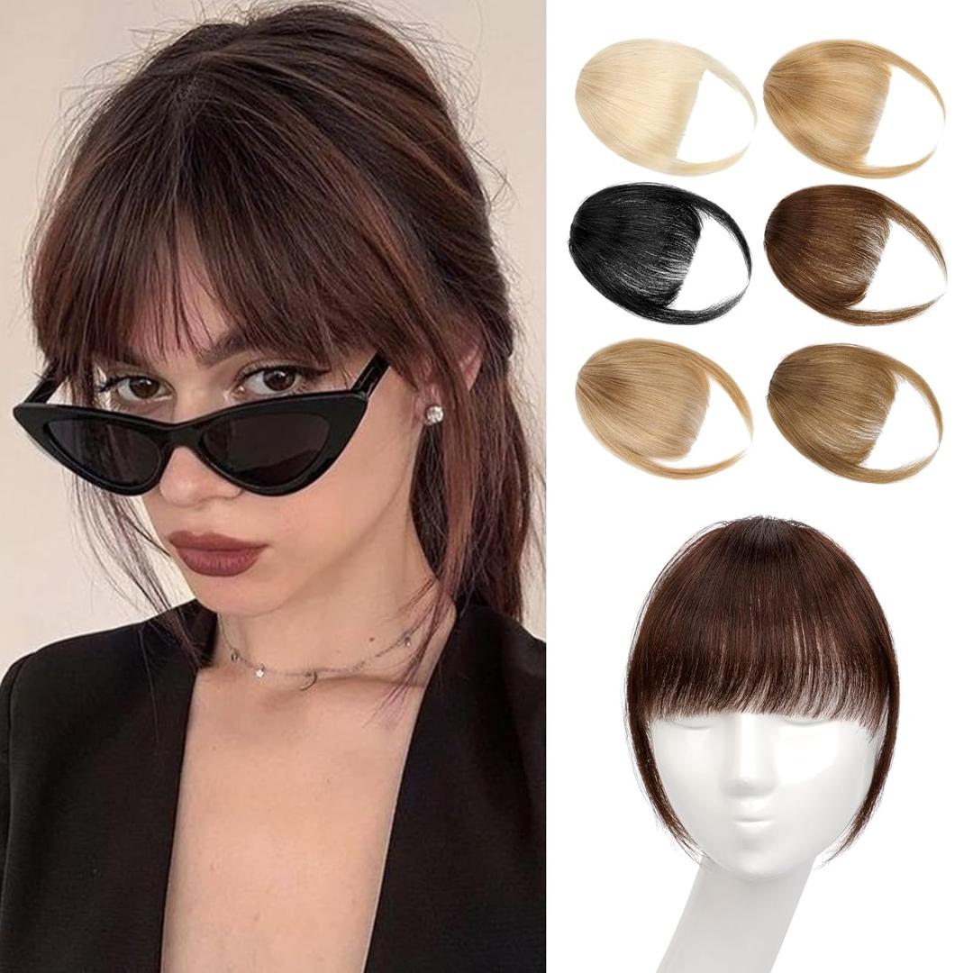 Bangs Hair Clip in Bangs,100% Human Hair Fake Bangs Clip on Bangs Dark Brown,Faux Bangs Clip in Hair Extensions,French Bangs Fringe With Temples Hairpieces Curved Bangs for Daily Wear