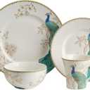 222 Fifth 16-Piece Porcelain Dinnerware Set for 4, Elegant Plates and Bowls Sets-White, Teal, Gold Ceramic Dishes, Chip Proof Kitchen and Dining Dish Set, Microwave & Dishwasher Safe, Peacock Garden