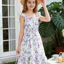 Girls Summer Floral Dresses A Line Halter and Ruched Ruffle Hem High Waist Spring Midi Dress Girls Purple Butterflies Dresses Size 10 for Teens (White)