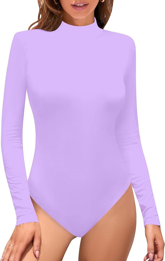 SHEIUGU Womens Sleeveless Long Sleeve Mock Turtle Neck Bodysuit Soft Slim Fit Stretchy Layer Top Classic Jumpsuit (Large, Lavender)