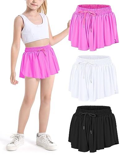 Auranso Girls Flowy Shorts with Pocket 2-in-1 Athletic Running Butterfly Shorts 3Pack Black-White-Rose Red 13-14 Years