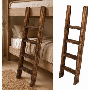 50 Inch Wood Bunk Bed Ladder, Solid Pine RV Bunk Ladder with 3.7 in Wide Flat Steps, Screw-Fixed Brackets, Non-Slip Pads, Replacement Wooden Ladder for Camper Motorhome Loft Bed, Torched Brown