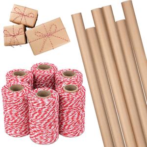 Watersay 6 Rolls Christmas Kraft Wrapping Paper Rolls and 6 Rolls Christmas Twine String Ribbon Brown Wrapping Paper 1968 Feet Colored Bakers Twine for Craft Christmas Holiday Gift Wrapping(Red, Green)