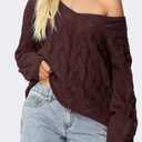 SUUKSESS Women Oversized Cable Sweaters V Neck Long Sleeve Knit Trendy Outfits (Brown, L)