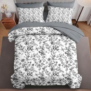 7 Pcs Comforter Set Full Size, Black Floral Roses Bed in a Bag with Flat Sheet and Fitted Sheet for Kids and Adults, Beautiful Flowers Bedding Set with 2 Pillowcases & 2 Shams
