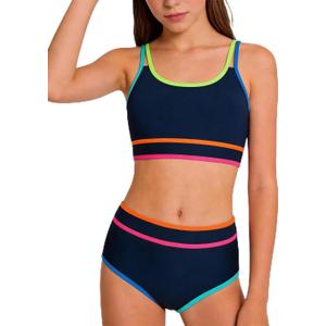 Teen Girls Swimsuit Color Block Sporty Bikini Sets with Cover Up Skirt 3 Piece Bathing Suit Size 7-8 Years (Blue)