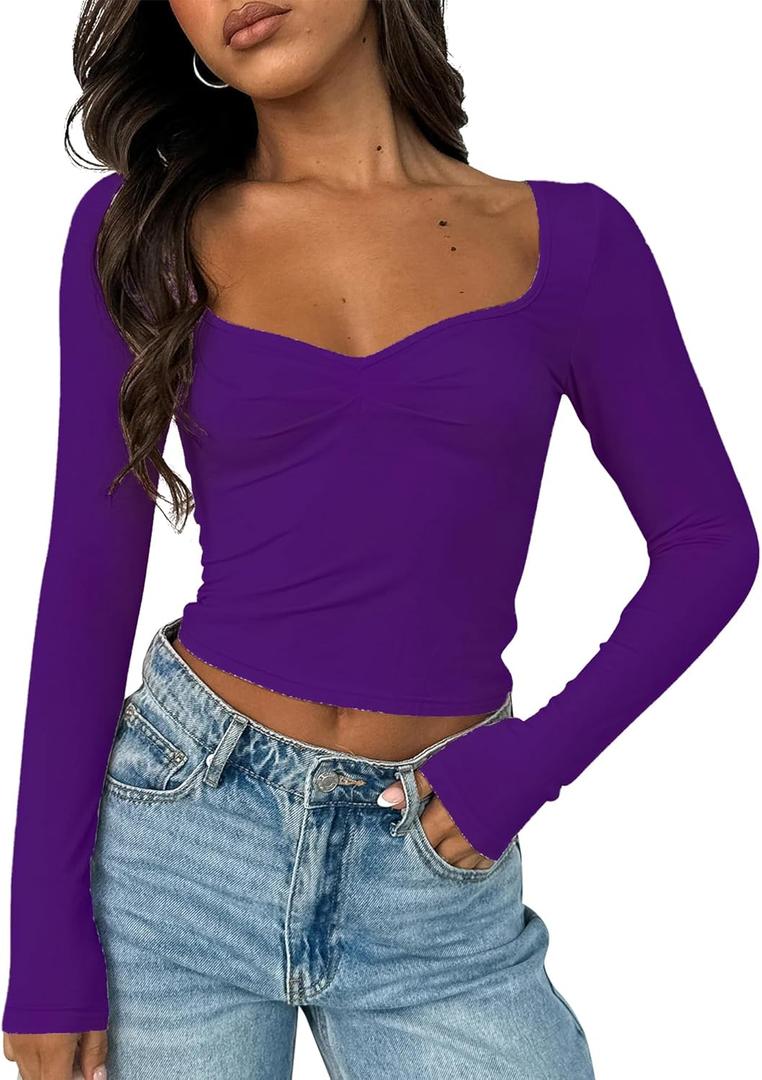 Women's Long Sleeve Going Out Crop Top Sexy Pleated Trendy Shirt Sweetheart Neck Y2K Ruched Cropped Tops (Dark Purple) XS