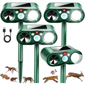 4Pack Upgraded Deer Repellent Devices Solar Ultrasonic Animal Repellent Outdoor with Motion Sensor Strobe Light for Squirrel Raccoon Rabbit Cat Deterrent Sonic Fortress Pro Keep Pests Out of Yard Farm
