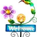 Outdoor Solar Garden Lights with Welcome Sign, Hummingbird Ornament Metal Stake Lights for Lawn, Patio, Cracked Glass Balls (Hummingbird)
