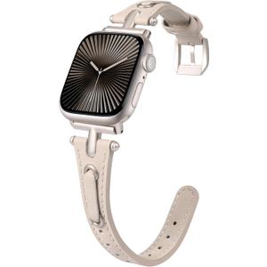 Minyee Leather Band Compatible with Apple Watch 38/40/41/42/44/45/46/49mm Women, Slim Thin Dressy Vintage Stylish Strap with T-Shape Metal Buckle for iWatch Series 11 10 9 8 7 6 5 4 SE/Ultra 3 2 1