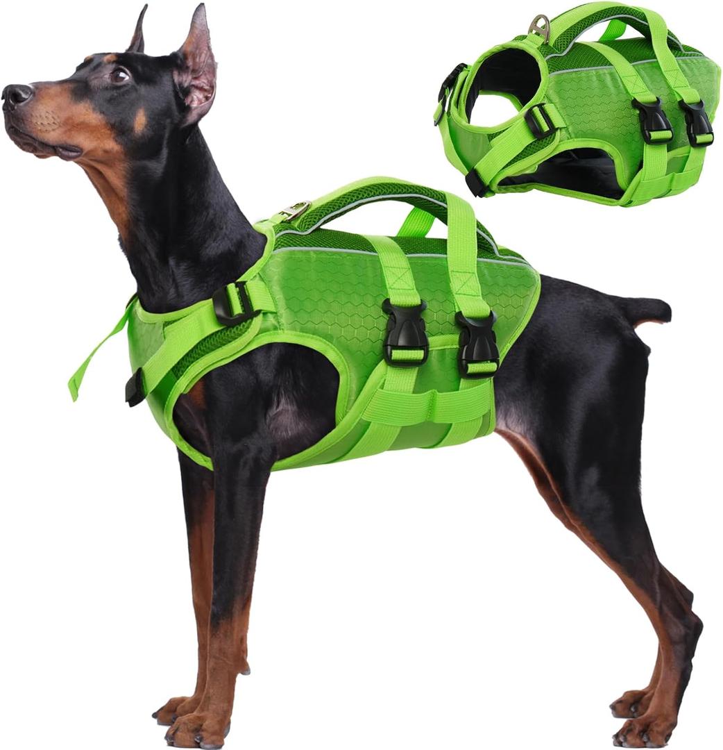Kuoser Dog Life Jacket High Flotation, Reflective Dogs Life Vest for Swimming Boating, Adjustable Small Medium Large Dog lifejacket, Lightweight Dogs Life Preserver Rescue Handle Spring Summer Pool (X-Large (Chest Girth:25.9-33.4''), Green)