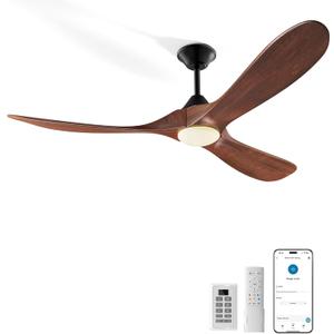 Wall Switch-52 inch Outdoor Ceiling Fan with Light Remote for Patios, Wet Rated Wood 3-Blade Propeller Ceiling Fans, Smart APP, High CFM 6-Speed DC Motor for Exterior Indoor, 3 LED Glass Lamp, Walnut