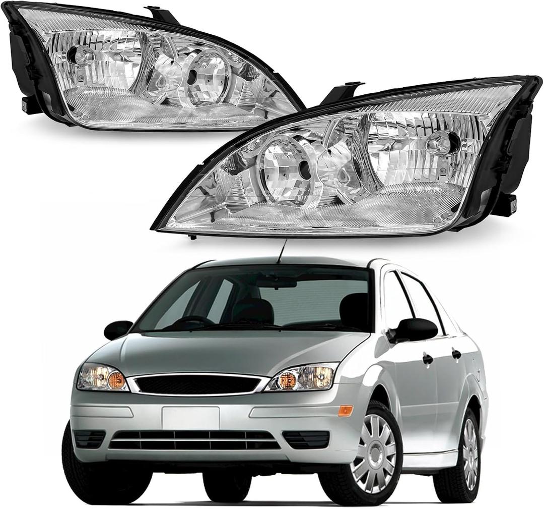 2005 2006 2007 Ford Focus Headlight Assembly for 2005 2006 2007 Ford Focus Clear Lens Chrome Housing with Clear Reflector Headlamp Replacement Left and Right Pair