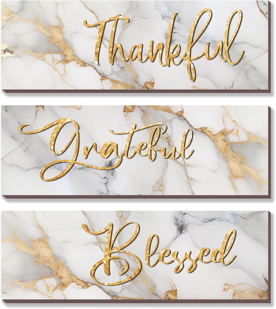 ONIZHITY 3Pcs White and Gold Bathroom Decor White Gold Wall Decor Thankful Grateful Blessed Quote Marble Style Versatile Home Art for Motivation Girls Bedroom Living Room Office (12x4'')