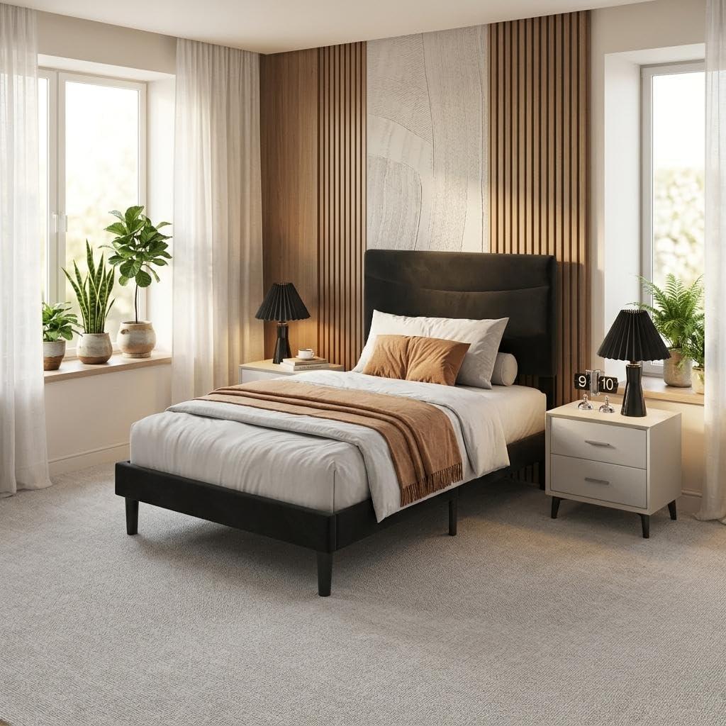 IDEALHOUSE Twin XL Upholstered Platform Bed Frame with Ergonomic Headboard, Beige Soft Fabric, Heavy Duty Wooden Slats, Noise-Free, 6.3" Underbed Storage, No Box Spring Needed, Easy Assembly