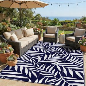 Smiry Outdoor Rug 5x8 ft, Waterproof Reversible Plastic Straw Rugs, Outdoor Area Rug with Leaf Pattern, Outside Floor Mat for Patio, Backyard, Deck, Picnic, Beach, Camping, Navy & White