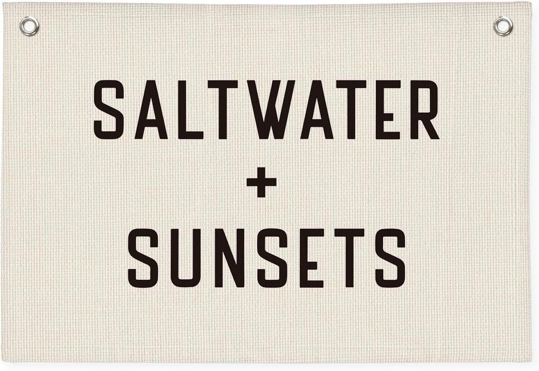 Boys Room Decor Coastal Beach Wall Hanging | Saltwater and Sunsets Linen Canvas Banner for Kids Playroom, Nursery, Surf Shack | Nautical Vintage Rustic Sign 20x30 Inch