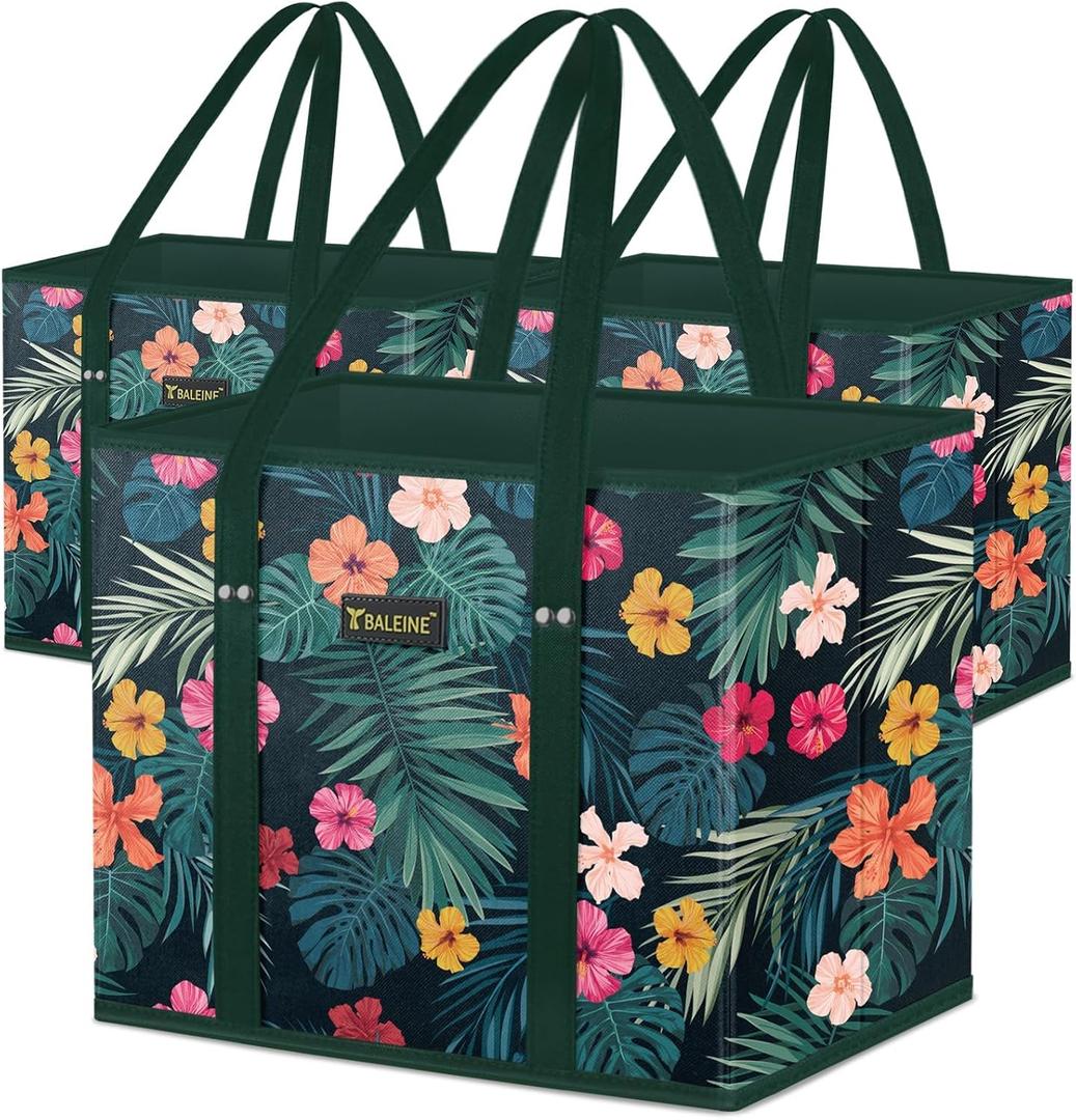 BALEINE 3Pk Reusable Grocery Bags, Foldable Shopping Bags for Groceries with Reinforced Bottom & Handles (Blossom Season) 12"