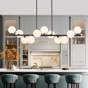 Linear Chandeliers for Dining Room,11 Light Globe Sputnik Chandelier with Milk White Glass 51inch Black Dining Room Light Fixture, Large Modern Chandelier for Kitchen Island