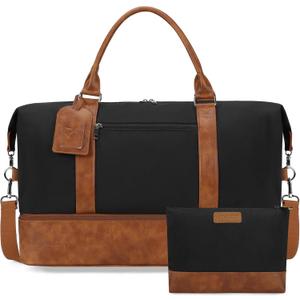 Oeihuivt Weekender Bags for Women - 21 Inch Large Travel Duffel Bag 2-Piece Set with Shoe Compartment, Heavy-Duty Canvas Leather Carry On Overnight Tote (Brown-Black)